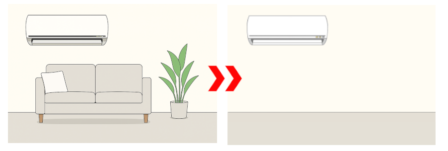 ソファと観葉植物のある部屋のイラスト、左側にはエアコンが取り付けられている。