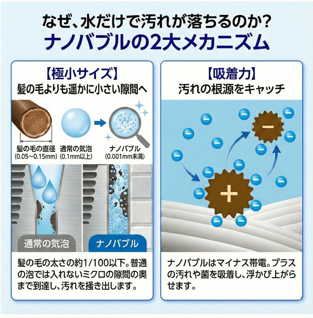 ナノバブルで汚れが落ちる2大メカニズムの解説。髪の毛の100分の1以下の極小サイズと、マイナス帯電による汚れ吸着力の図解。